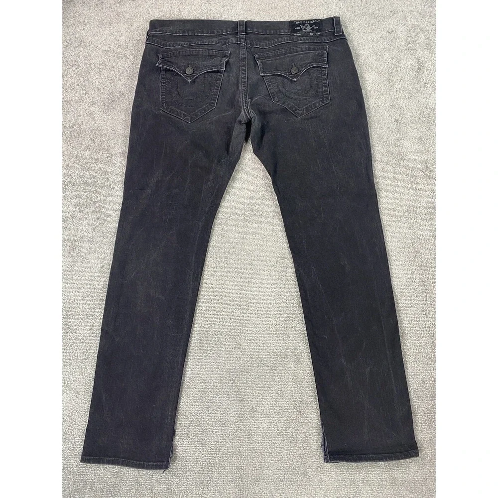 True Religion Jeans Mens 42x33 Black Denim World Tour Rocco Relaxed Skinny Logo